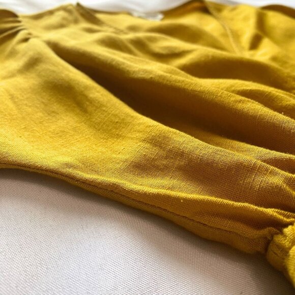 THE KORNER MUSTARD YELLOW SURPLICE LINEN BLEND EMPIRE WAIST MIDI DRESS - XS - Picture 7 of 10